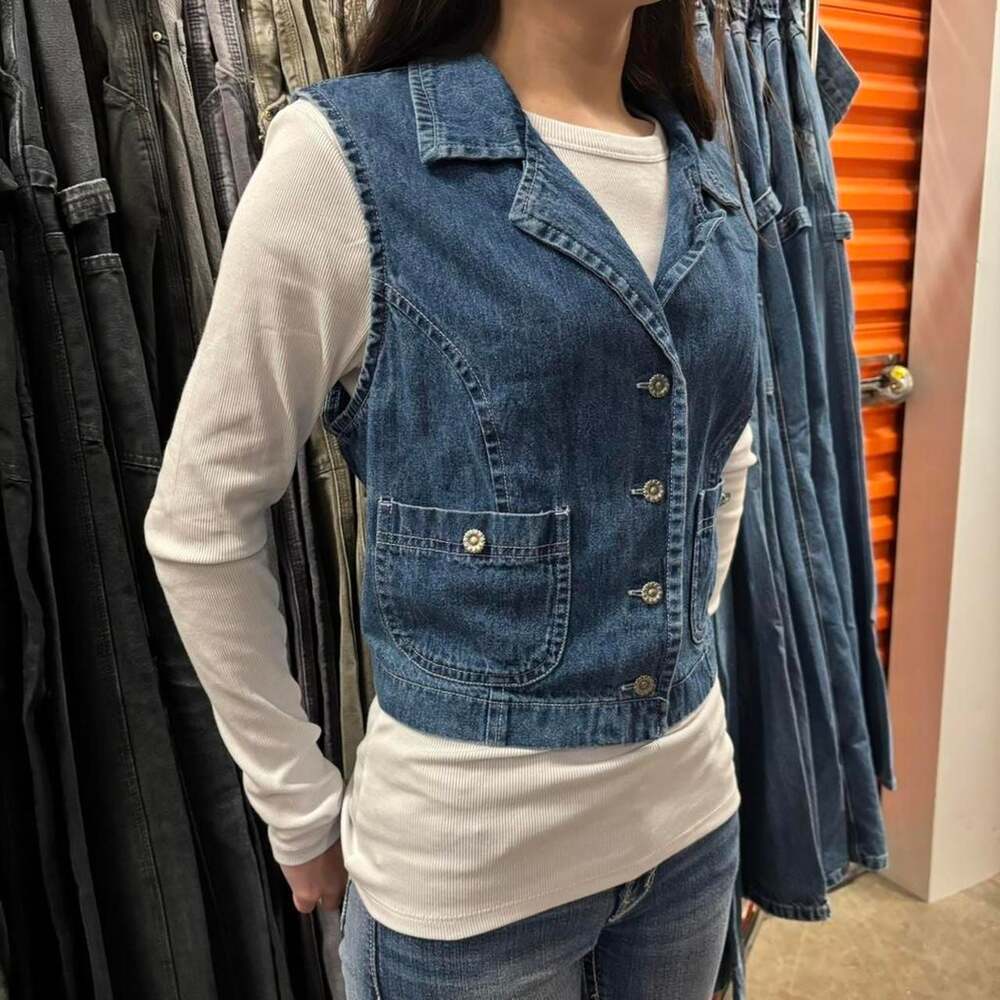 Vintage 90s Studio Ease Denim Vest, Medium Wash, Button Front - Women's Large